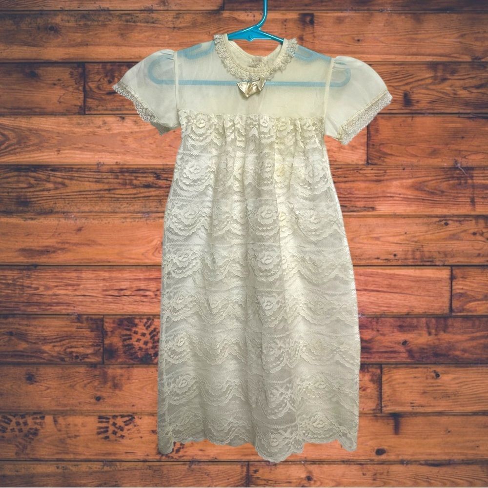 5 for $25🔥0-3M Vintage Cream Sheer‎ Christening Dress Baby Baptism Outfit